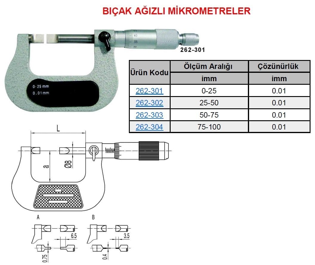 Mekanik Bıçak Ağızlı Mikrometre 50-75mm