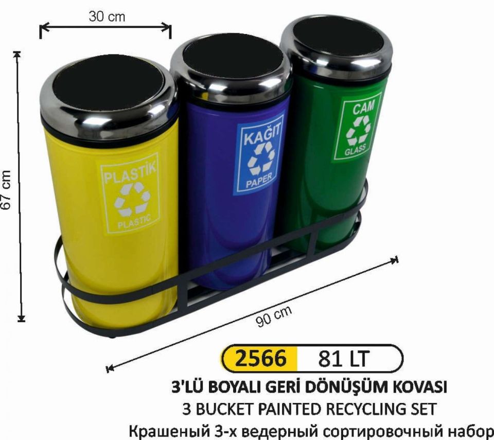 GERİ DÖNÜŞÜM KOVASI ÇEMBERLİ 3 LÜ BOYALI 81 LİTRE