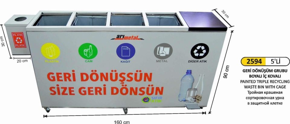 GERİ DÖNÜŞÜM KOVASI 5 Lİ PİL ATIKLI BOYALI TEKERLİ ÖZEL ÜRETİM