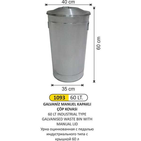 60 LT GALVANİZ MANUEL KAPAKLI ÇÖP KOVASI