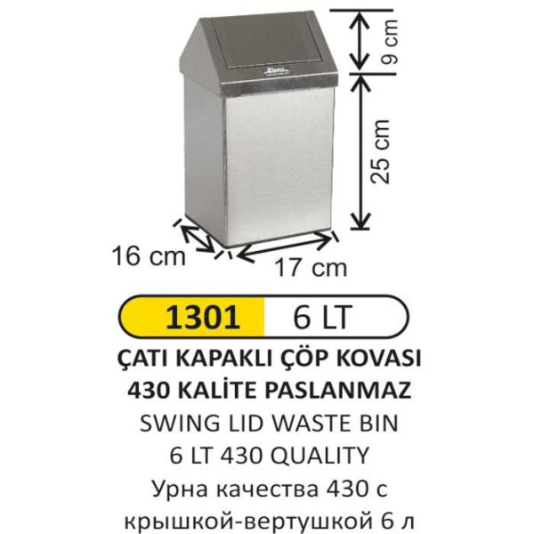 6 LT ÇATI KAPAKLI PASLANMAZ ÇÖP KOVASI