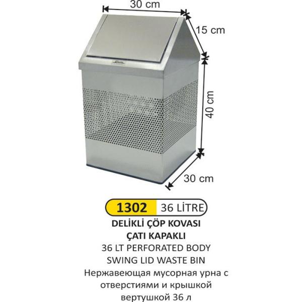 36 LT ÇATI KAPAKLI GÖVDE DELİKLİ PASLANMAZ ÇÖP KOVASI