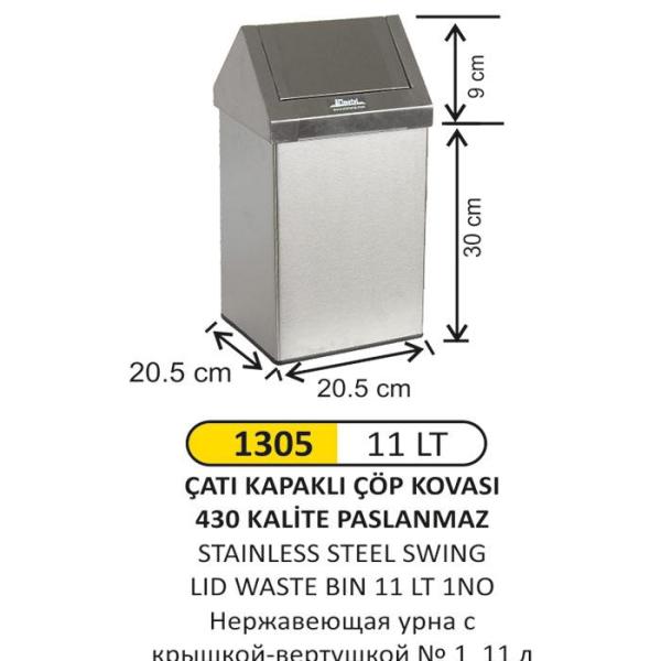 11 LT ÇATI KAPAKLI PASLANMAZ ÇÖP KOVASI