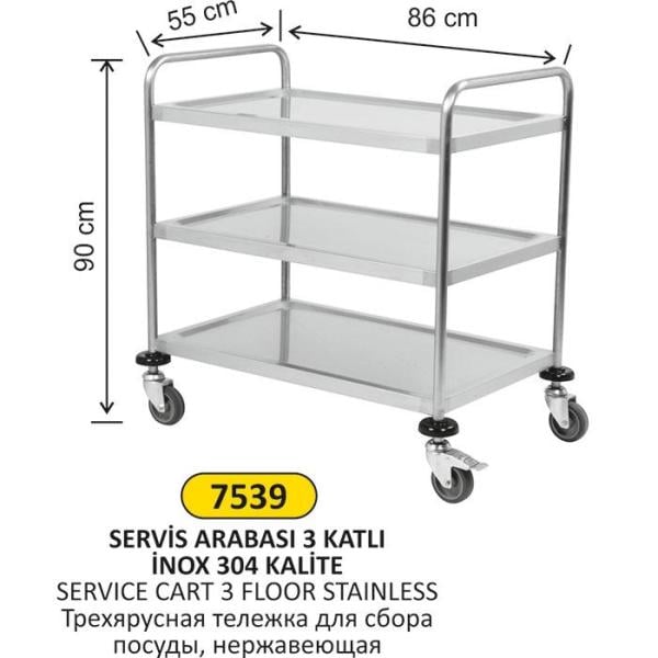 3 KATLI INOX 304 KALİTE SERVİS ARABASI