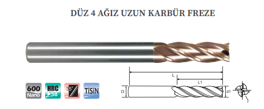 DÖRT AĞIZLI KARBÜR FREZE UZUN BOY (58HRC)