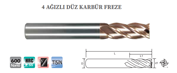 DÖRT AĞIZLI KARBÜR FREZE (55HRC)