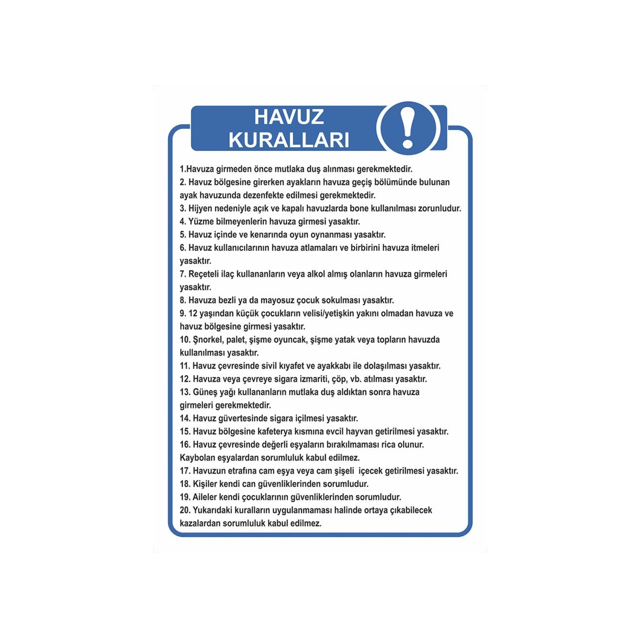 Havuz Uyarı Kuralları Levhası