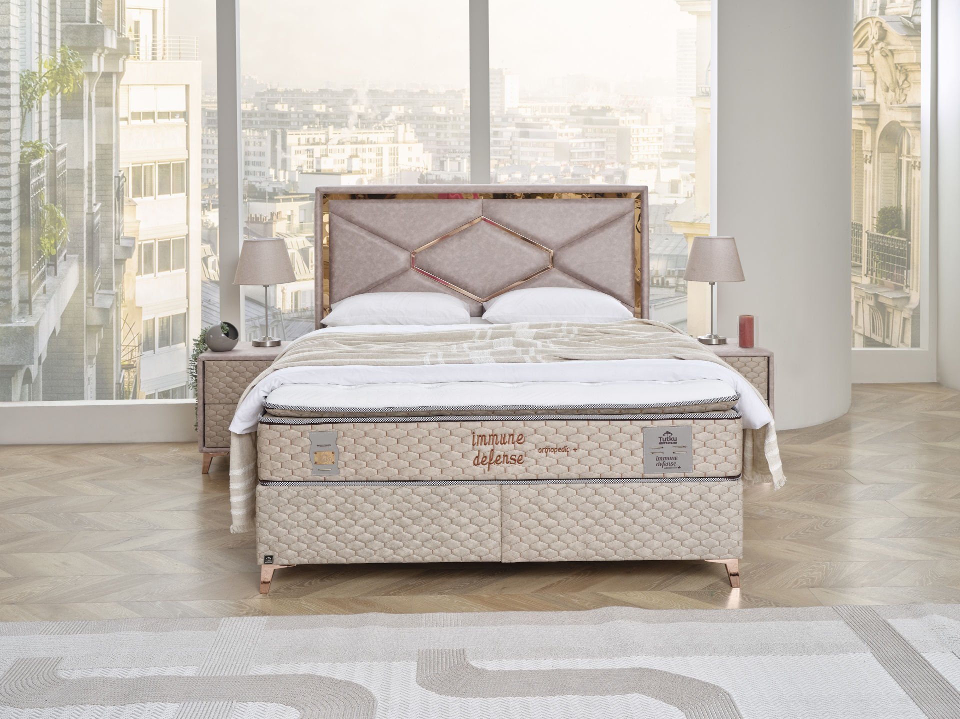 İmmune Defense Pedli 4 Mevsim Kuş Tüyü Sünger Torba Yaylı Yatak Seti Yatak+Baza+Başlık