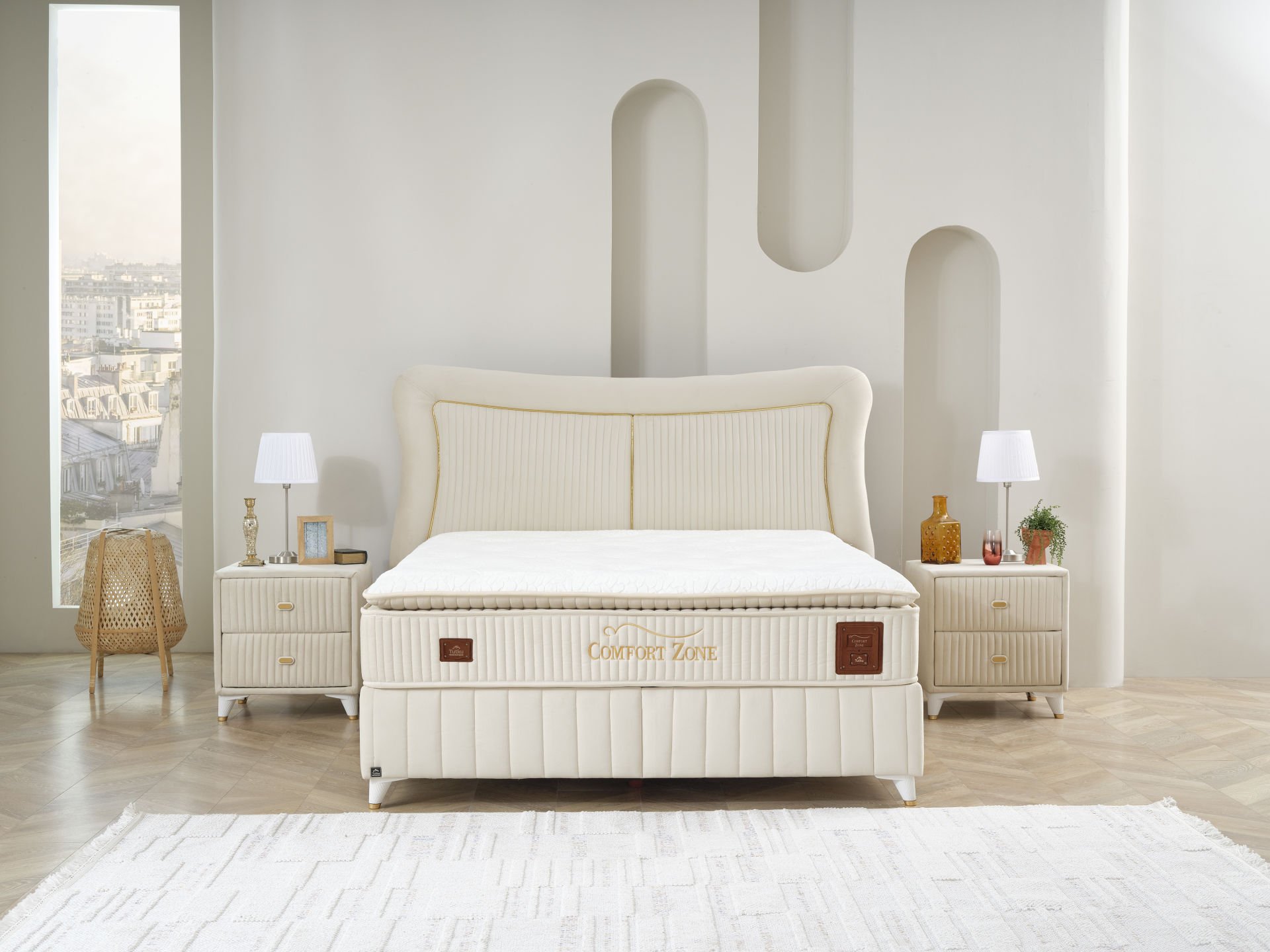 Comfort Zone Pedli Çift Yönlü-Kuş Tüyü Sünger (Yumuşak Sünger-Sert Sünger) Dual Torba Yaylı Yatak Seti Yatak+Baza+Başlık