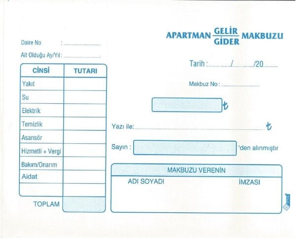 Uysal 20x50 İnce Otokopili Apartman Gelir Gider Makbuzu