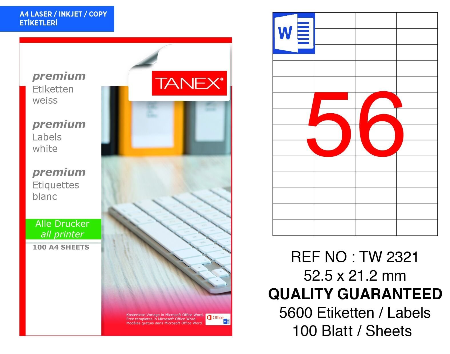 Tanex TW-2321 52,5x21,2mm 100 lü Lazer Etiketi