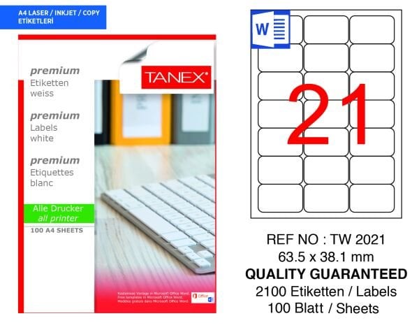 Tanex TW-2021 63,5x38,1mm 100 lü Lazer Etiketi