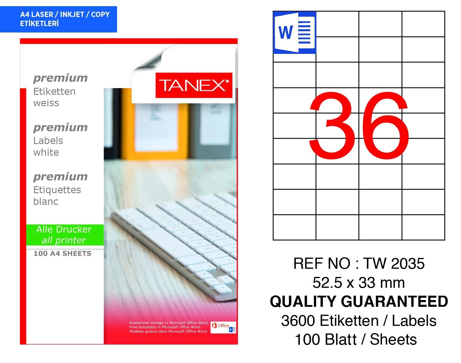 Tanex TW-2035 52,5x33mm 100 lü Lazer Etiketi