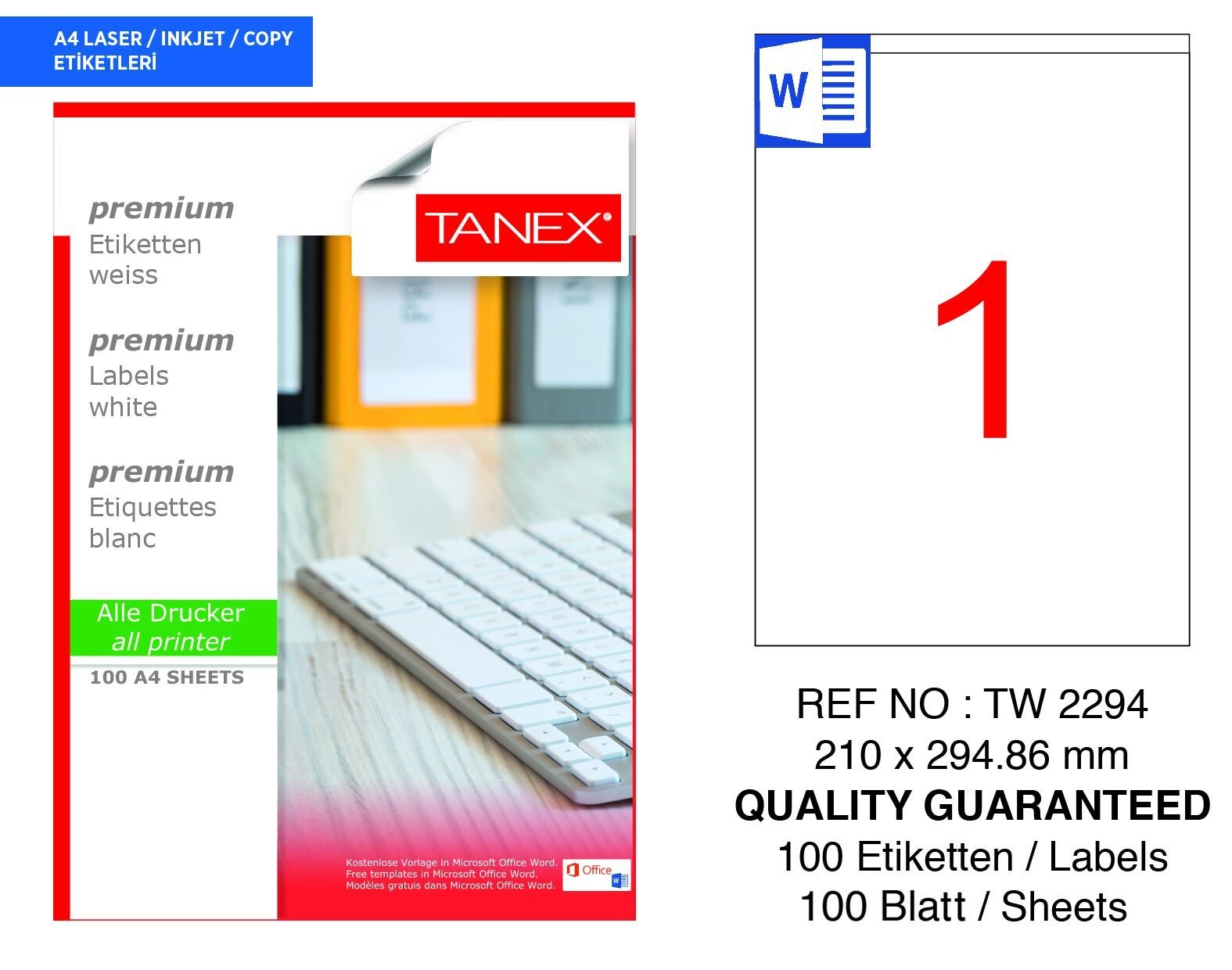 Tanex TW-2294 210x294,86mm 100 lü Lazer Etiketi