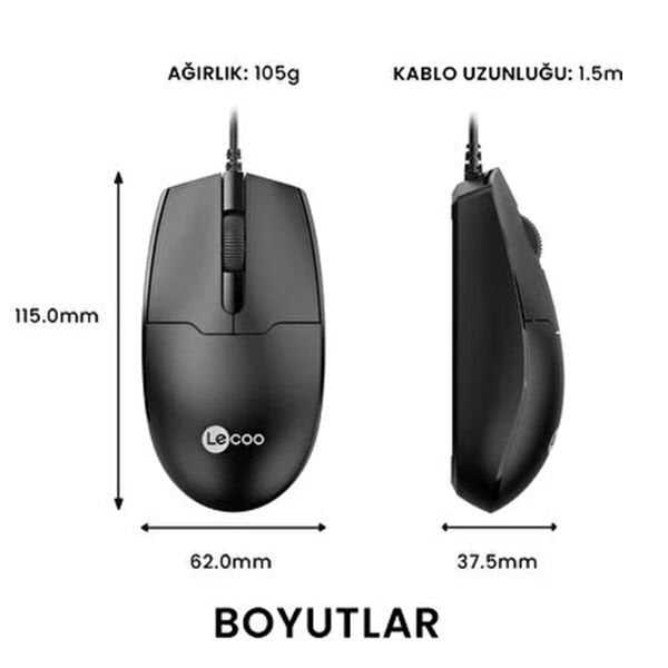 Lenovo Lecoo MS101 1200 Dpı 3 Tuşlu USB Kablolu Optik Mouse