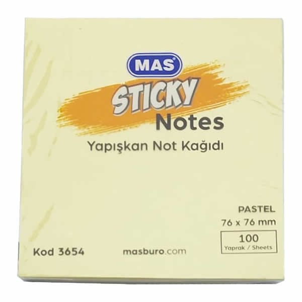 Mas 3654 76x76 100 Yaprak Pastel Sarı Yapışkanlı Not Kağıdı