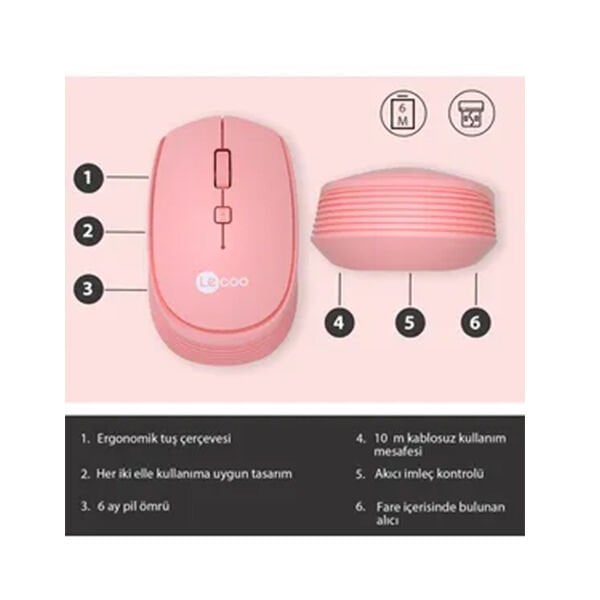 Lenovo Leccoo WS202 Pembe Kablosuz 1200dpi Optic Mouse