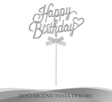 Gümüş Renk Pasta Üstü Happy Birthday Süs
