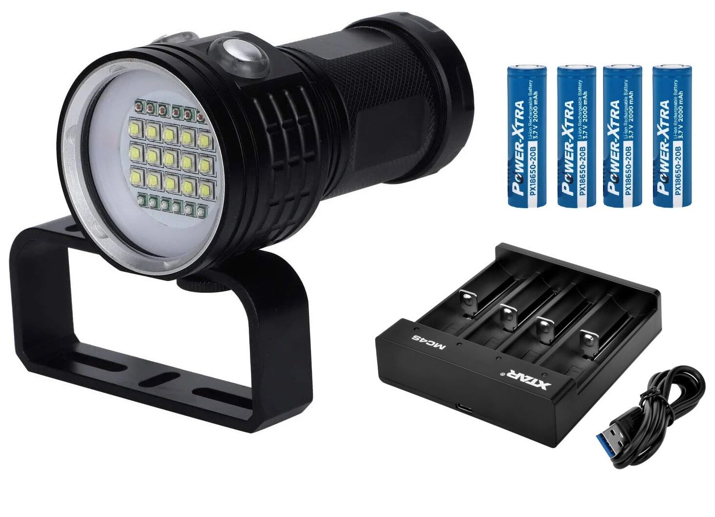 IPX8 27 LED'li Dalış Feneri - Pil ve Şarj Cihazı Dahil