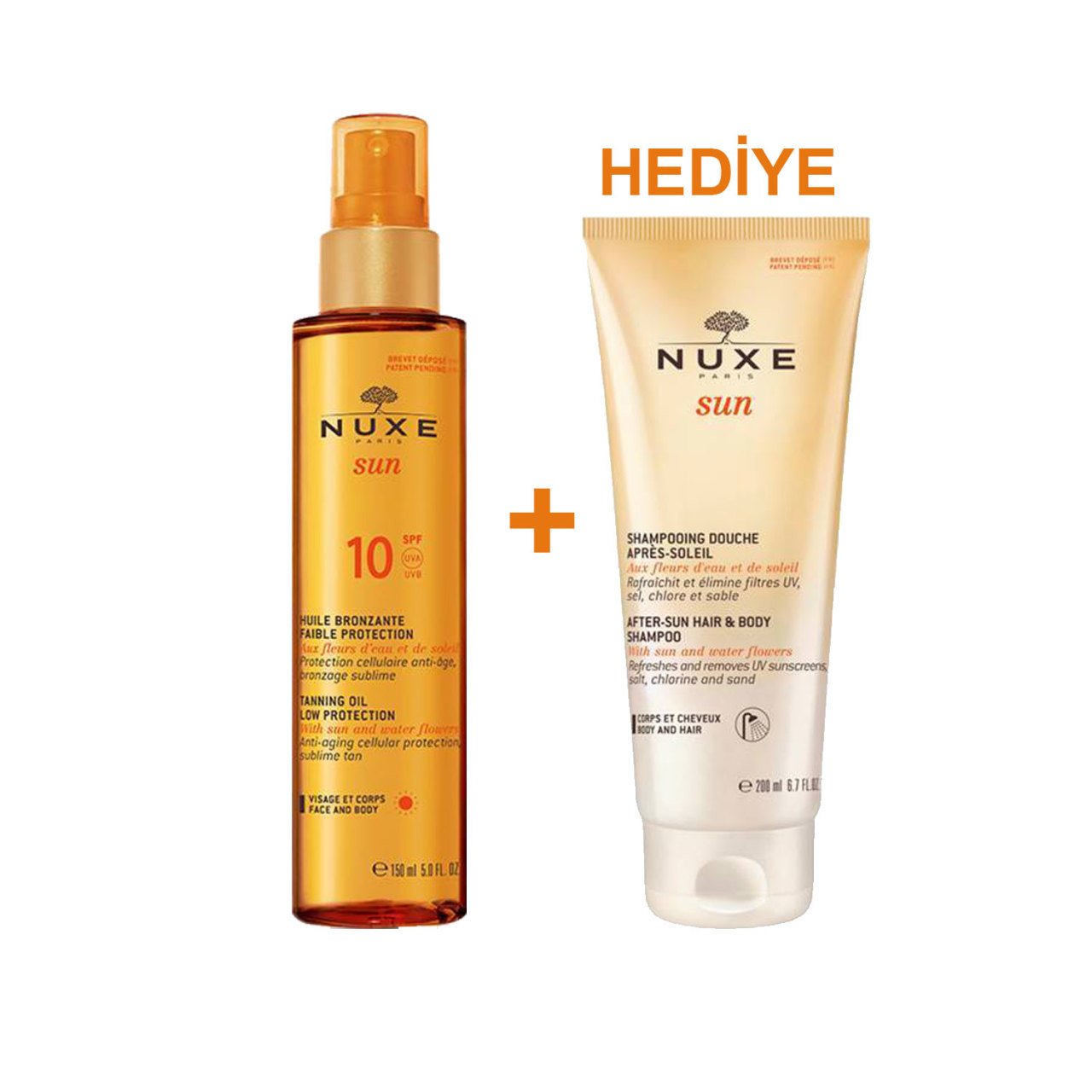 Nuxe Sun Huile Bronzante SPF10 Bronzlaştırıcı Yüz ve Vücut Yağı 150 ml Nuxe Sun Güneş Sonrası Duş Şampuanı 200 ml HEDİYELİ