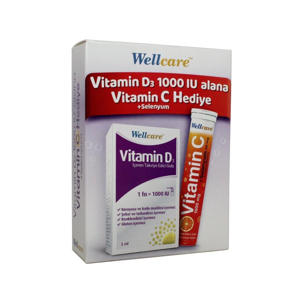Wellcare Vitamin D3 1000 IU Sprey - Vitamin C +Selenyum 15 Efervesan Tablet Hediyeli