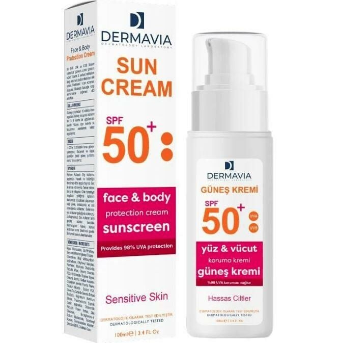 Dermavia Spf+50 Yüz ve Vücut Koruma Güneş Kremi Hassas Ciltler 100 ml