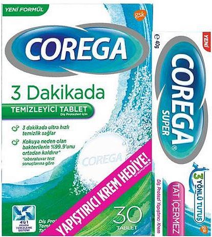 Corega Temizleyici Tablet 30'lu + Corega Tat İçermez Yapıştırıcı Krem 40 gr Hediye