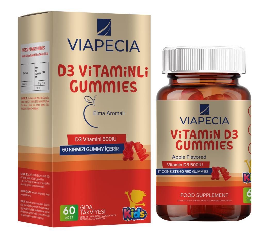 Viapecia Kids D3 Vitaminli Gummies Elma Aromalı Takviye Edici Gıda 60 Adet