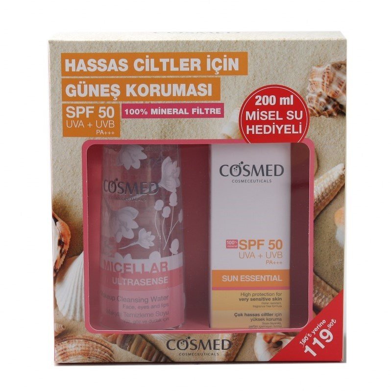 Cosmed Hassas Ciltler için SPF 50+ Güneş Kremi 50 ml + Makyaj Temizleme Suyu 200 ml