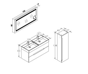 Orka Malta 120 Banyo Dolabı (Çift Lavabolu) (Büyüteçli Led Aynalı) Antrasit (Boy Dolabı Hariç)