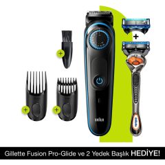 Braun BT 5240 Şarjlı Saç&Sakal Şekillendirici AutoSence, Kablosuz - Siyah/Mavi + Gillette Fusion ProGlide