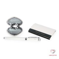 Bayanlara Özel Beyaz 3'lü Set (Kalem+Kartvizitlik+Ayna)