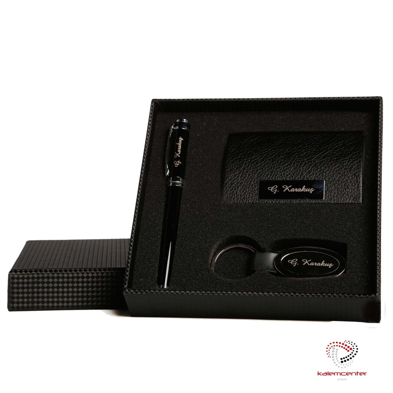 İsme Özel Lux Black 3'lü Set (Kalem+Kartvizitlik+Anahtarlık)
