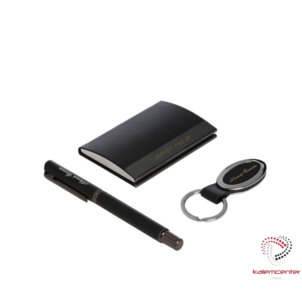 İsme Özel Black 3'lü Set (Kalem+Kartvizitlik+Anahtarlık)