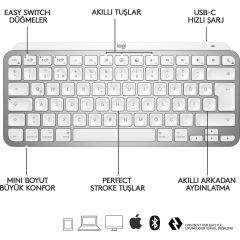 Logitech MX Keys Mini Mac İçin Minimalist Kablosuz Aydınlatmalı İngilizce Q Klavye - Beyaz