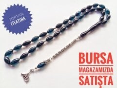 Lacivert Yansimalı 925 Ayar Gümüş Püsküllü Beyzi Kesim Sıkma Kehribar Tesbih