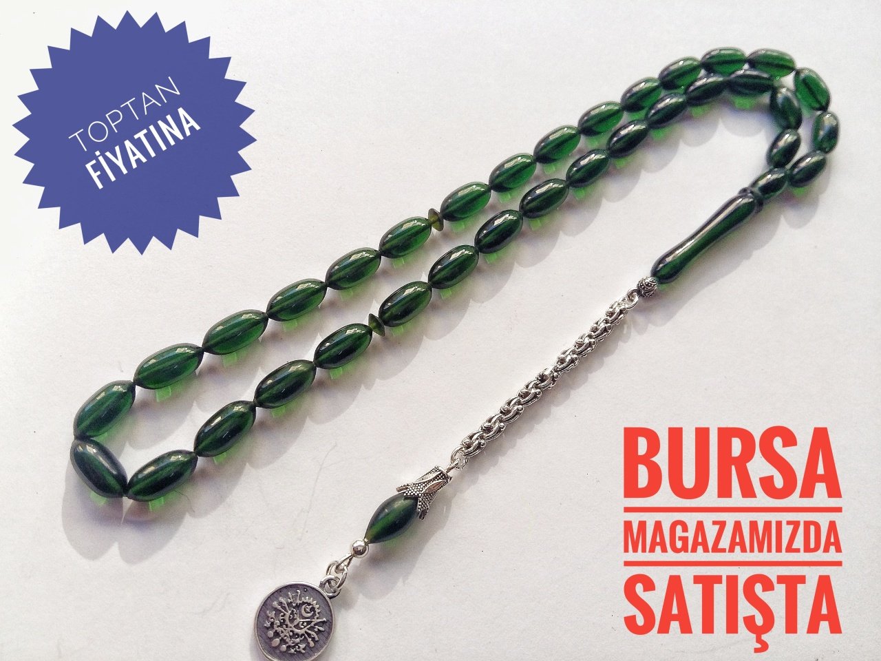 925 Ayar Gümüş Püsküllü Türbe Yeşili Sıkma Kehribar Tesbih