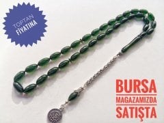 925 Ayar Gümüş Püsküllü Türbe Yeşili Sıkma Kehribar Tesbih