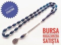 Lacivert Yansimalı 925 Ayar Gümüş Püsküllü Sıkma Kehribar Tesbih