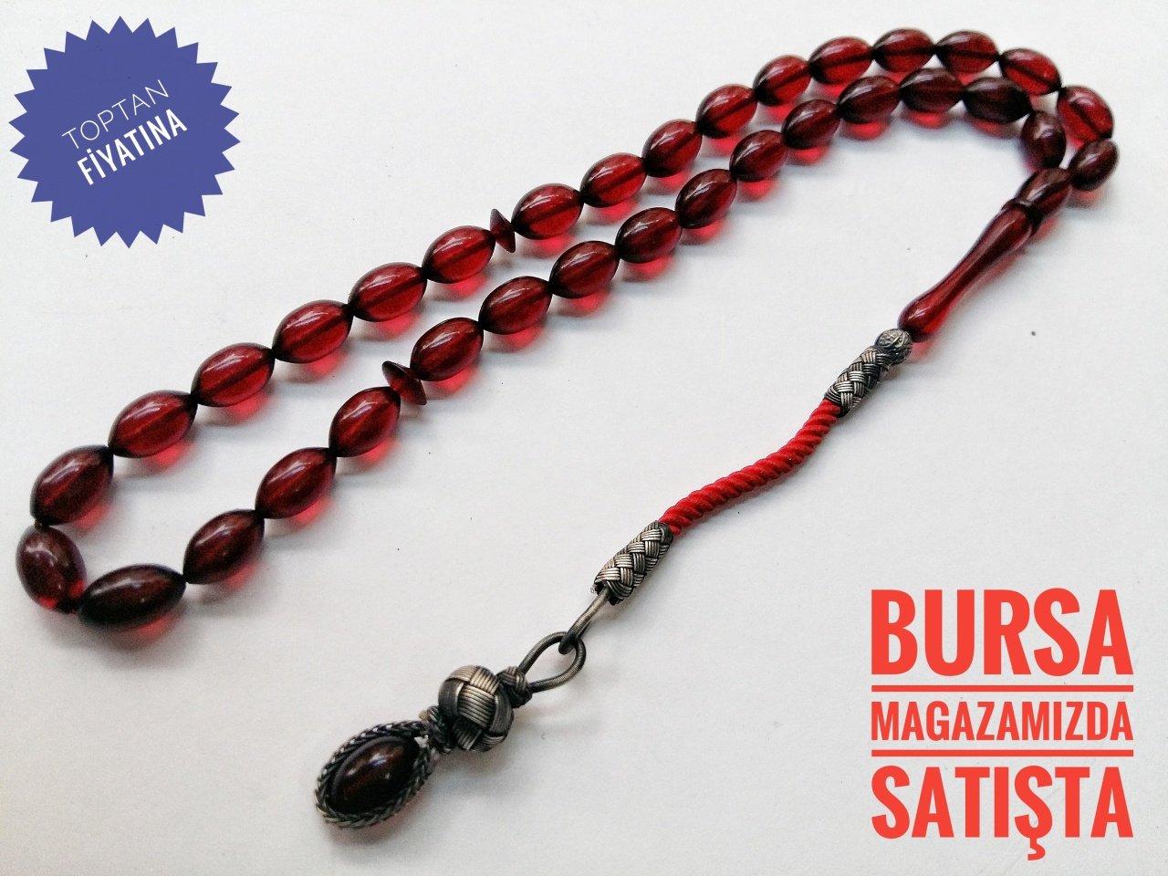 Bordo Renkli Beyzi Kesim Kazaz Püsküllü Sıkma Kehribar Tesbih
