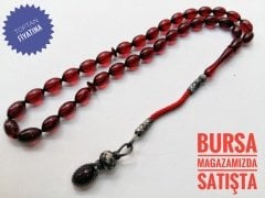 Bordo Renkli Beyzi Kesim Kazaz Püsküllü Sıkma Kehribar Tesbih