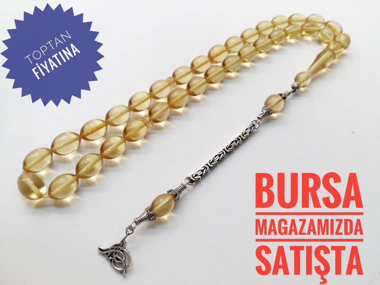 925 Ayar Gümüş Püsküllü Sarı Sıkma Kehribar Tesbih