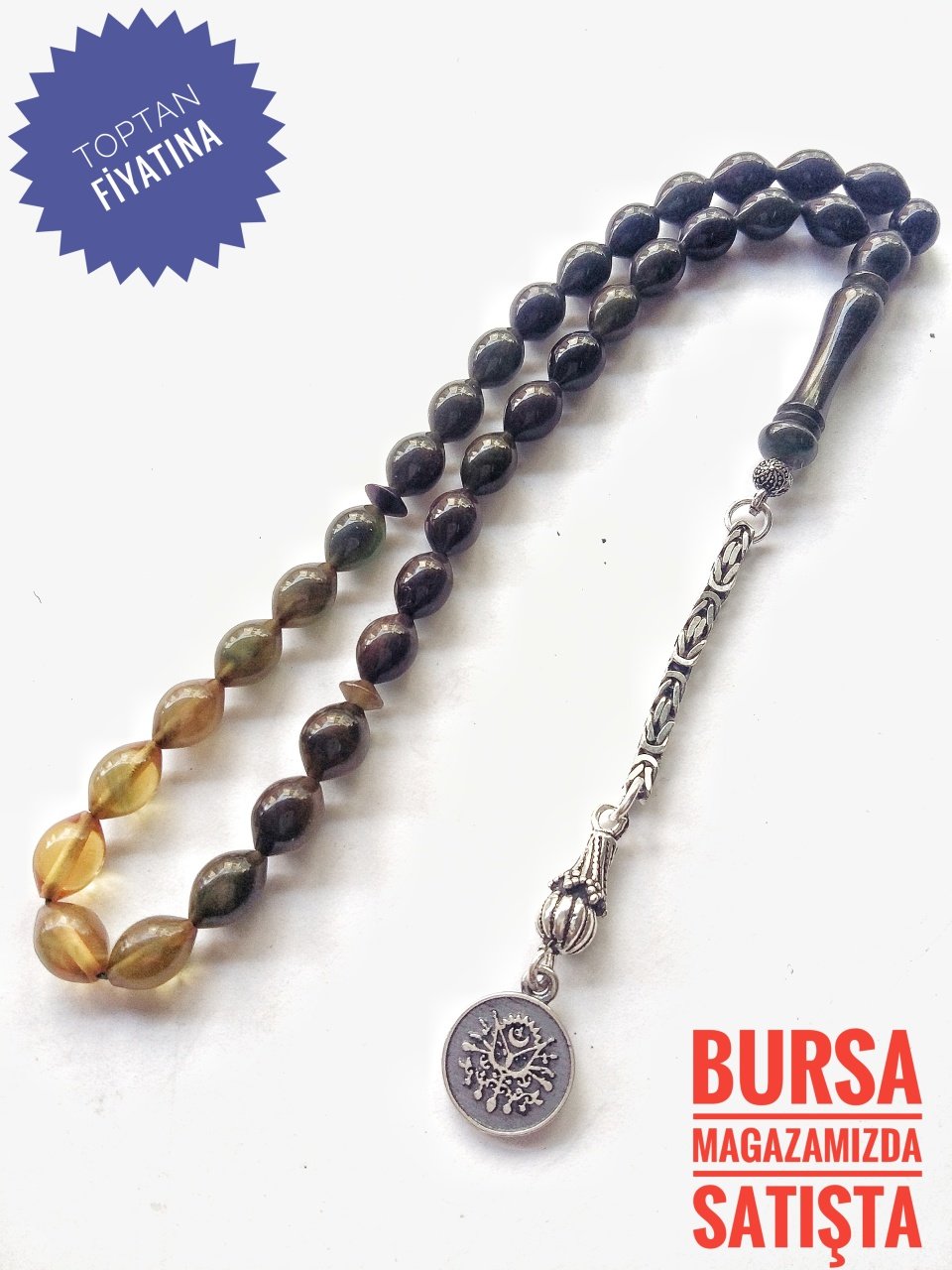 925 Ayar Gümüş Püsküllü Sıkma Kehribar Tesbih