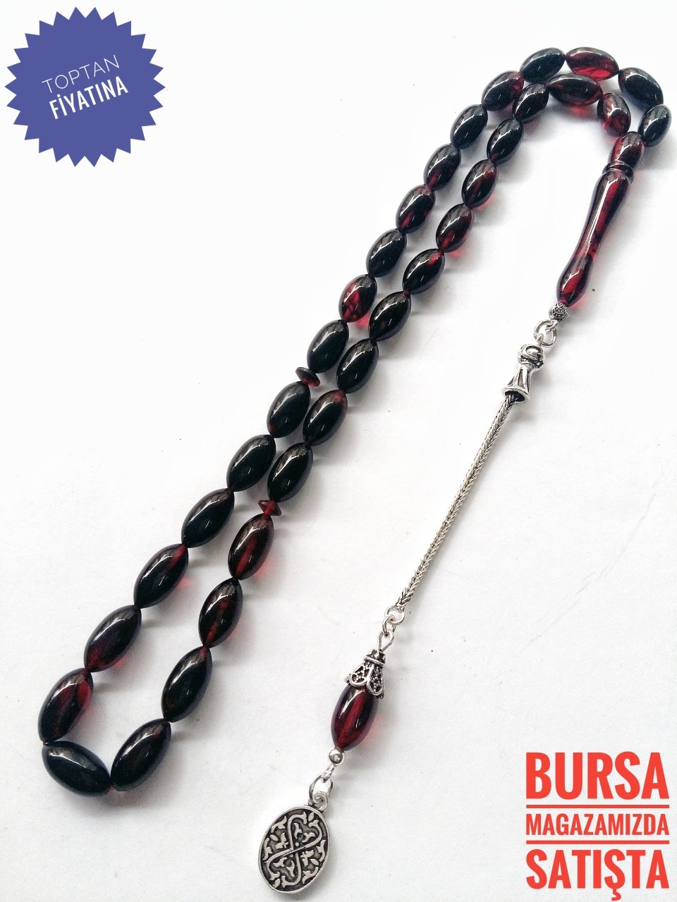 925 Ayar Gümüş Püsküllü Bordo Hareli Sıkma Kehribar Tesbih