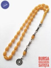 Yoğun Hareli 925 Ayar Gümüş Püsküllü Sıkma Kehribar Tesbih
