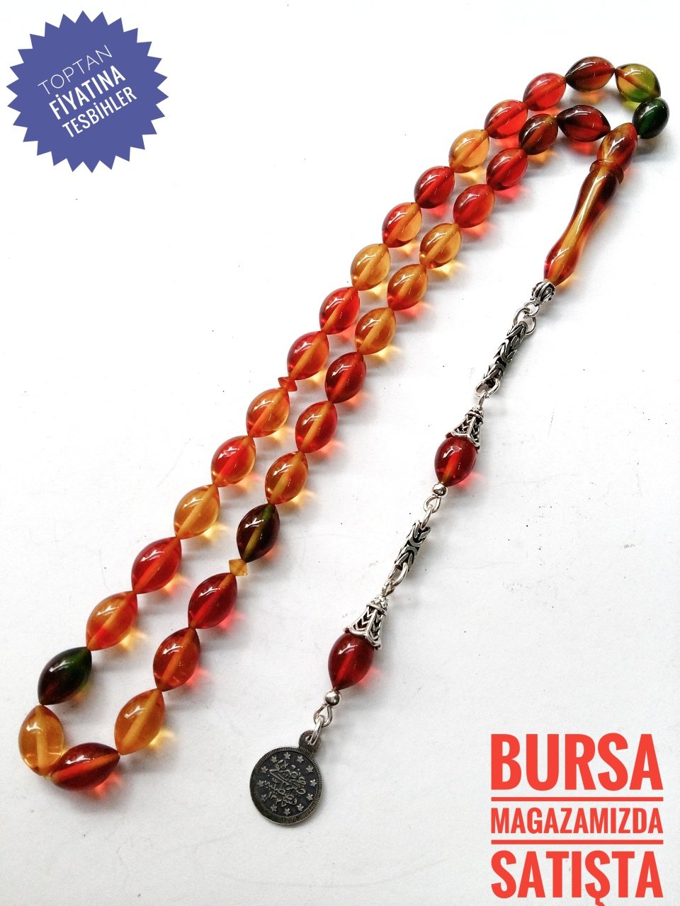 925 Ayar Gümüş Püsküllü Sıkma Kehribar Tesbih