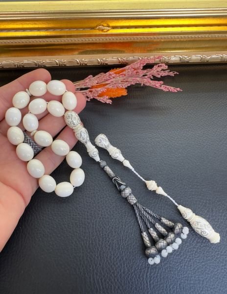 Özel Vidalı Sistem Gümüş Kazaz Takımlı  Fil Dişi Set Tesbih
