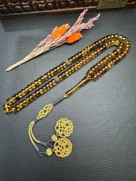 Basık ModelFosilli  Şeffaf 99'luk Rus Kaya Damla Kehribar Tesbih