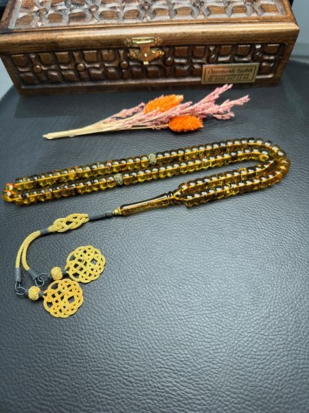 Basık ModelFosilli  Şeffaf 99'luk Rus Kaya Damla Kehribar Tesbih