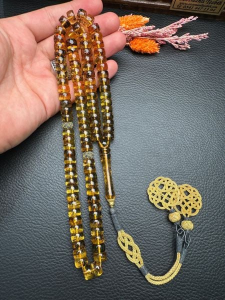 Basık ModelFosilli  Şeffaf 99'luk Rus Kaya Damla Kehribar Tesbih